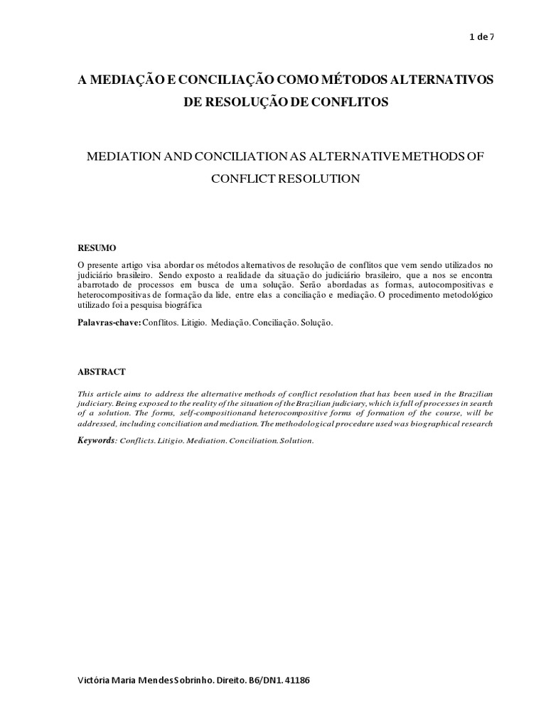 Conciliação e Mediação Como Metodos Alternativos de Resolução de ...