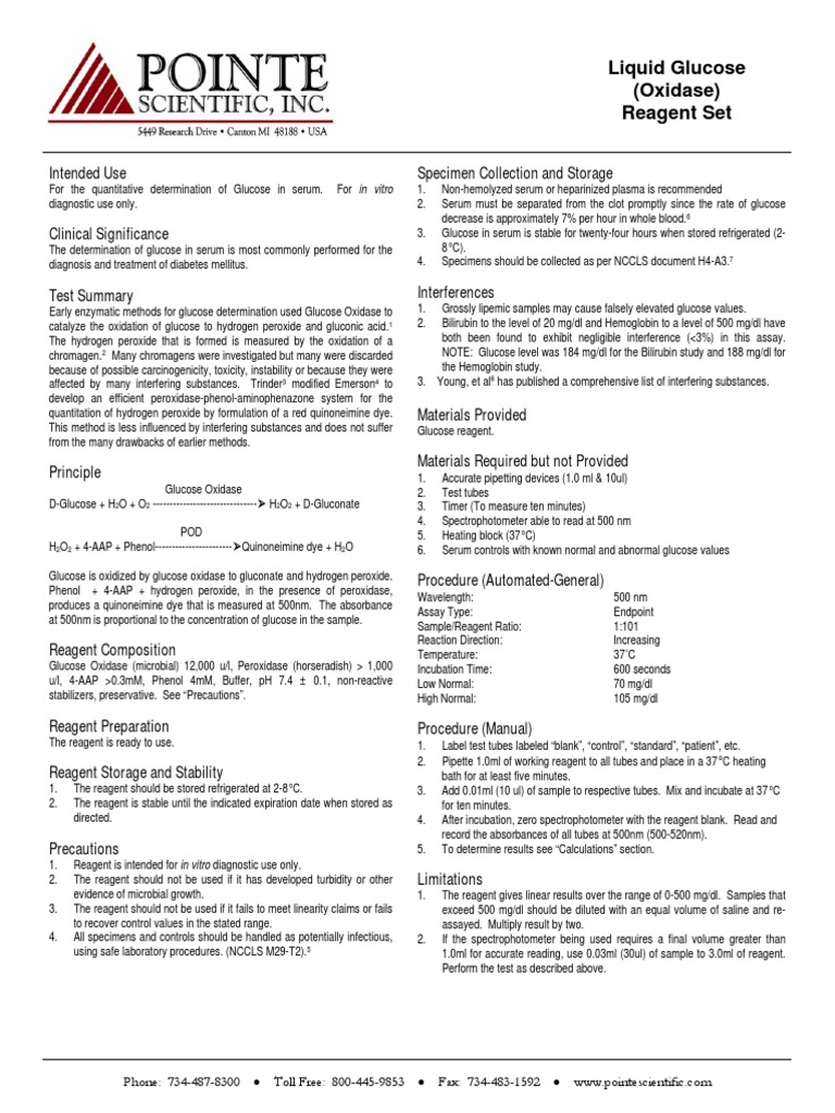 Glucose Oxidase Reagent Set Overview | PDF | Glucose | Chemistry