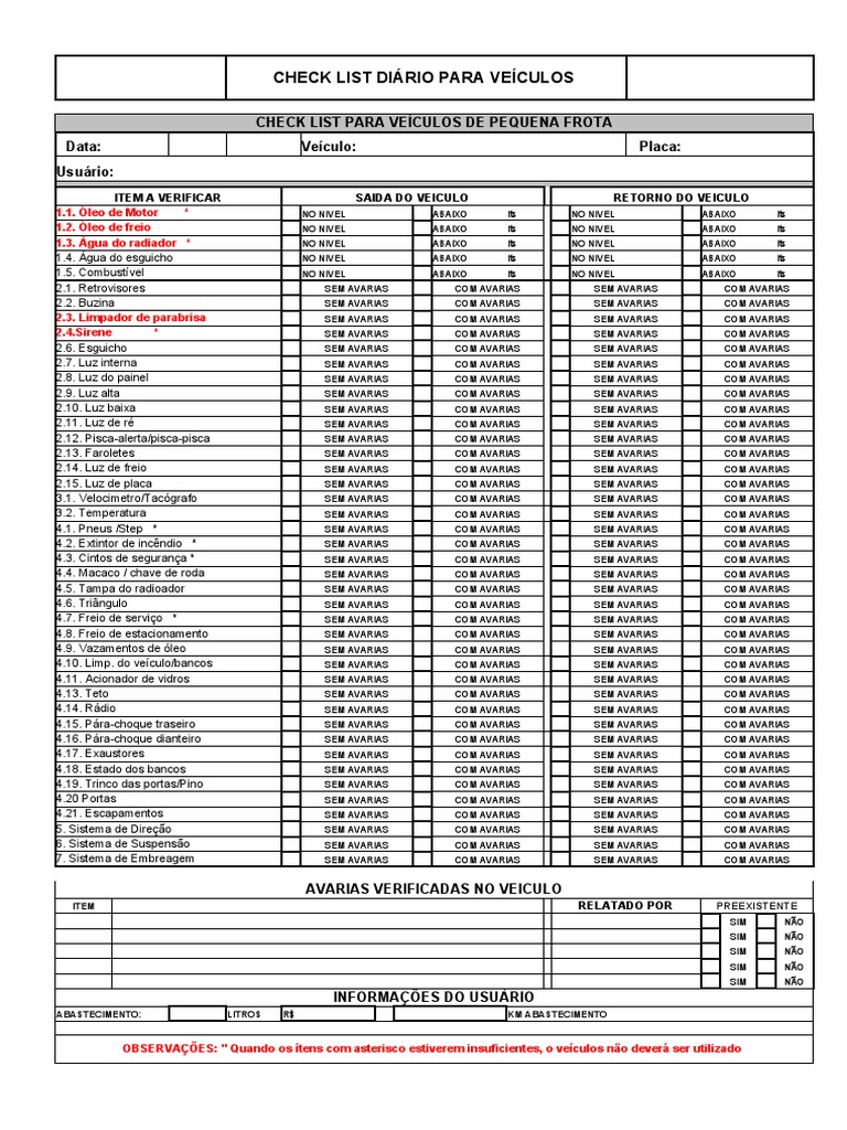  Check List diário para VEÍCULOS