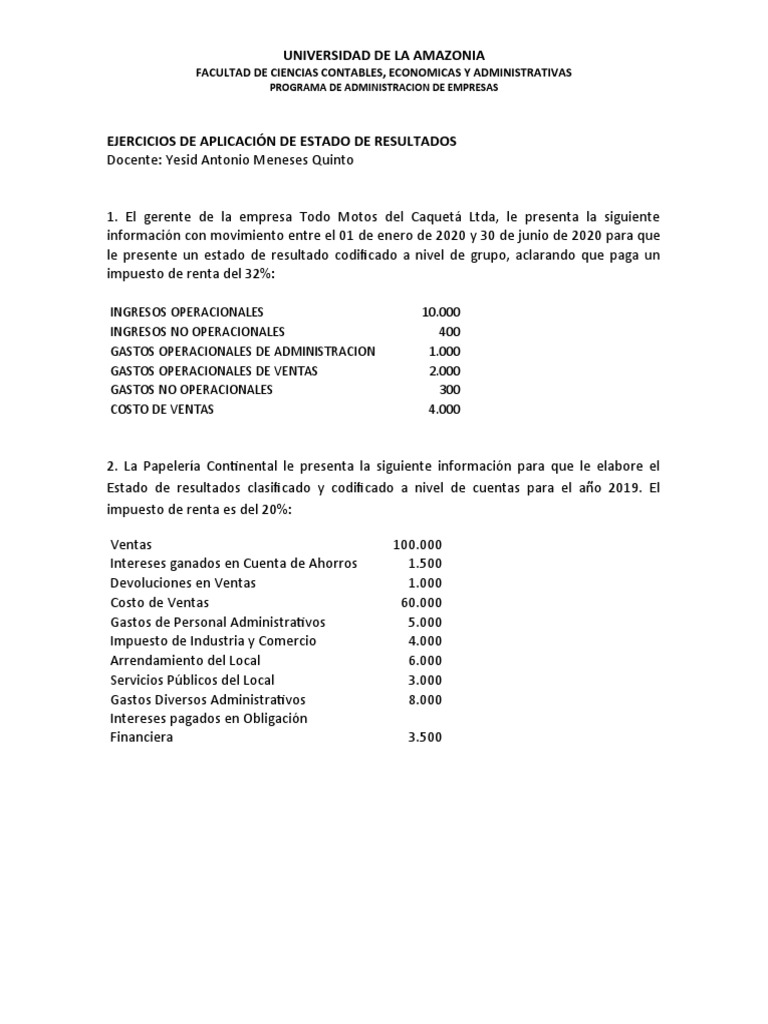 Ejercicios Estado de Resultados 2020-2019 | PDF | Estado de resultados ...