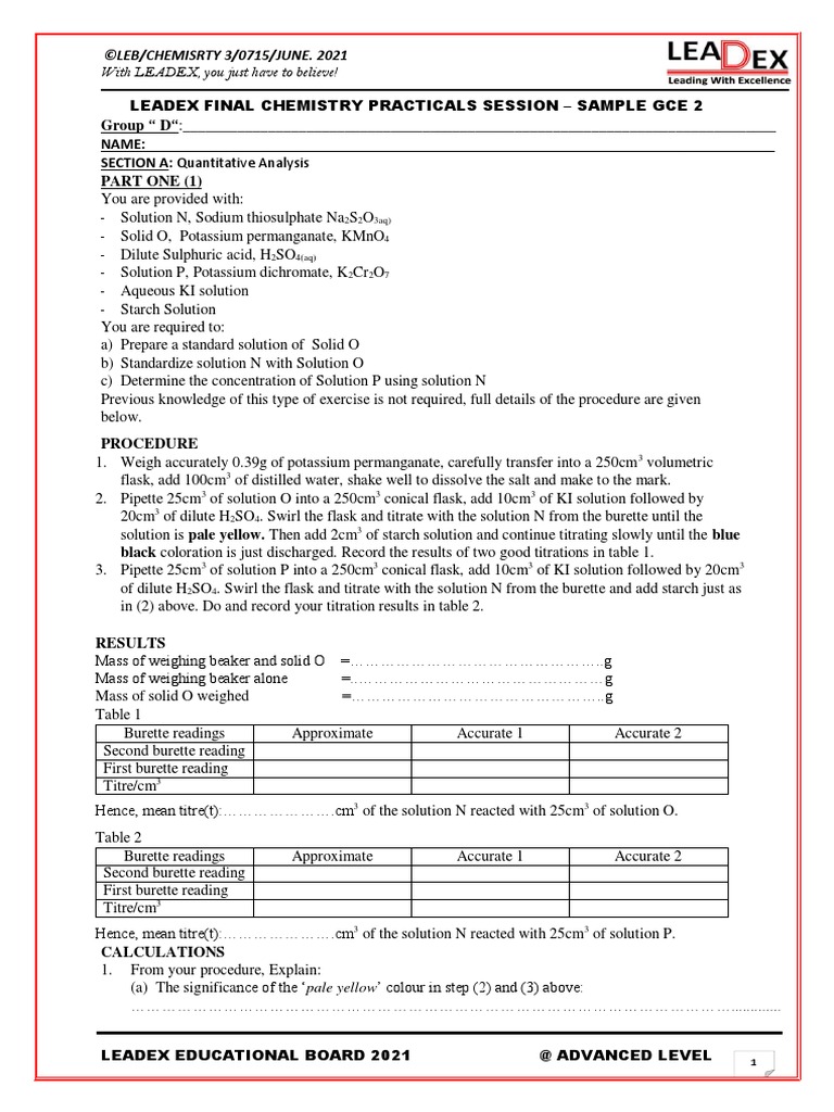 Group D - Ultimate Chemistry Practicals Session - Sample GCE 2 | PDF ...