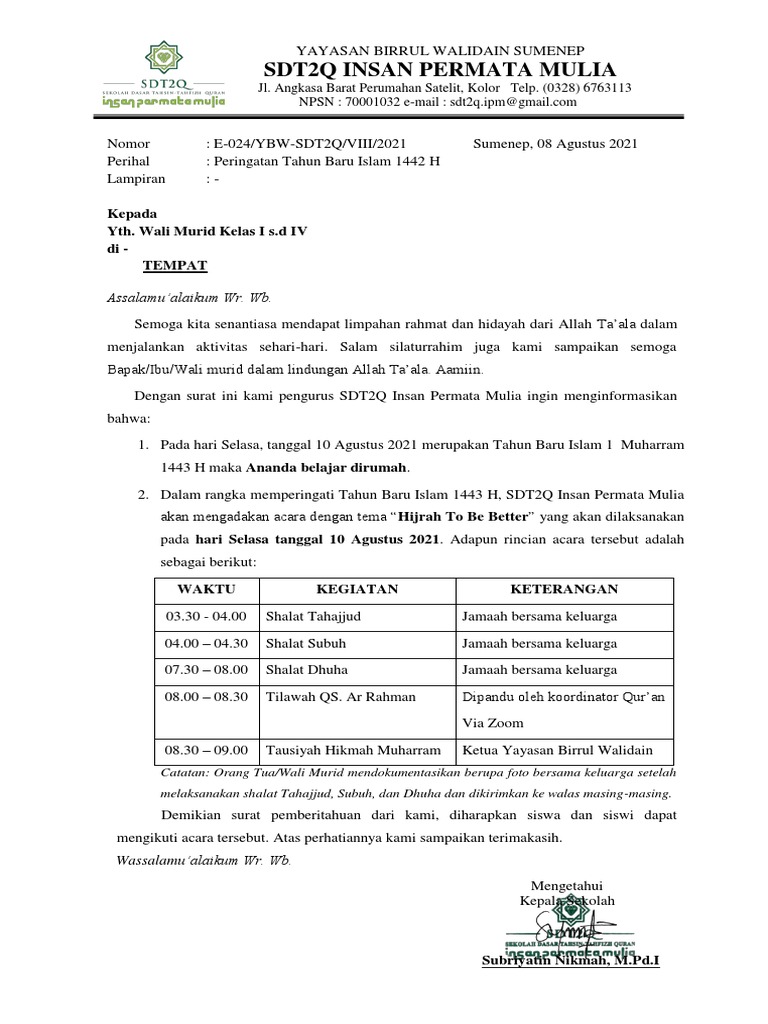 Surat Pemberitahuan Kelas I-IV | PDF