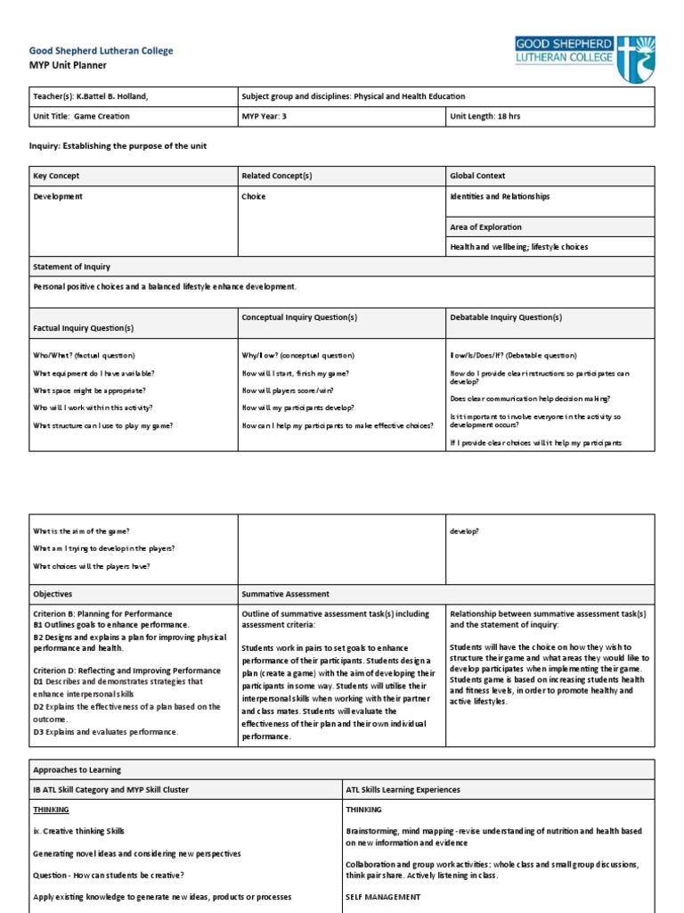7hpe t1 Create A Game Myp Planner 2021 | PDF | Communication ...