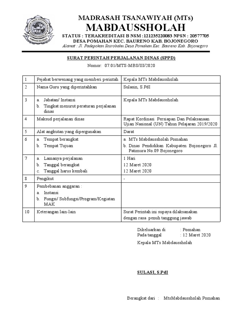 Surat Perintah Perjalanan Dinas (SPPD) | PDF