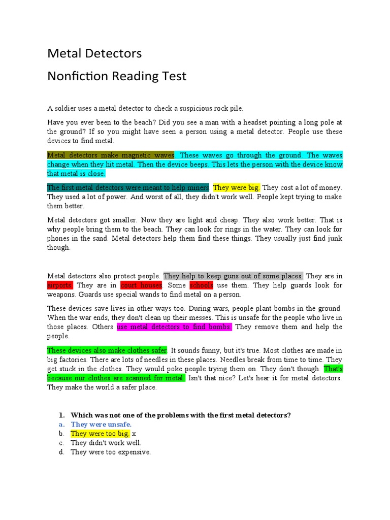 Metal Detectors Nonfiction Reading Test 1. Which Was Not One of The