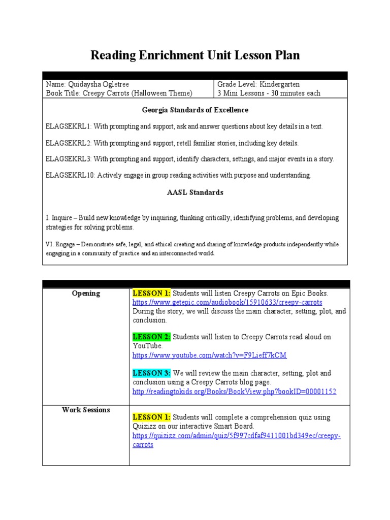 Reading Enrichment Unit Lesson Plan PDF Reading Comprehension