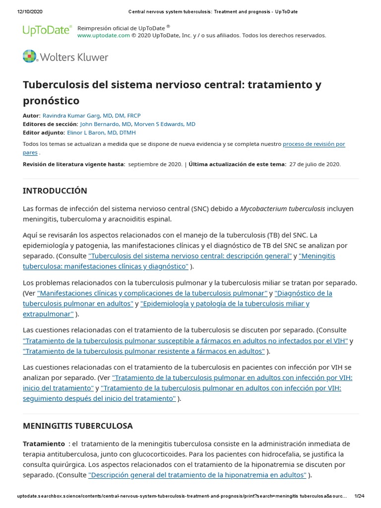 Central Nervous System Tuberculosis Treatment and Prognosis