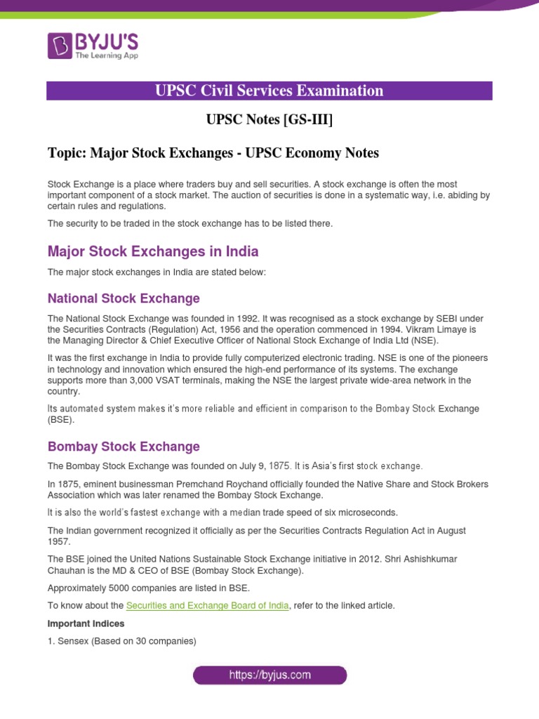 UPSC Civil Services Examination UPSC Notes (GSIII) Topic Major Stock Exchanges UPSC Economy