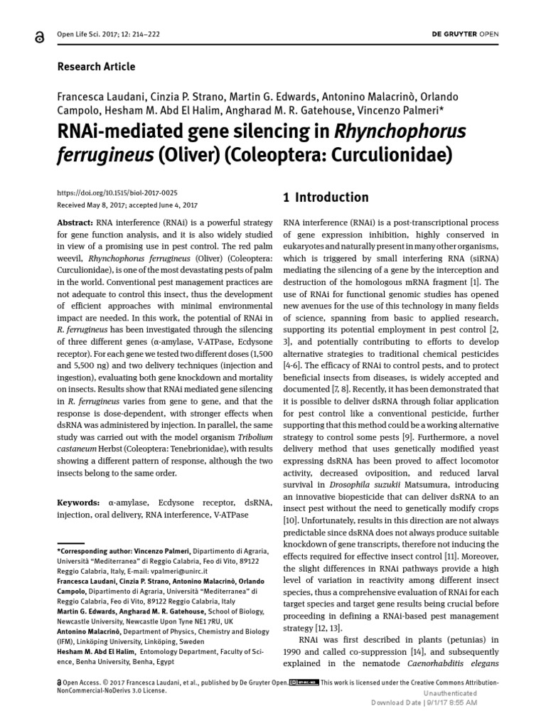 Open Life Sciences Rnai-Mediated Gene Silencing in Rhynchophorus ...