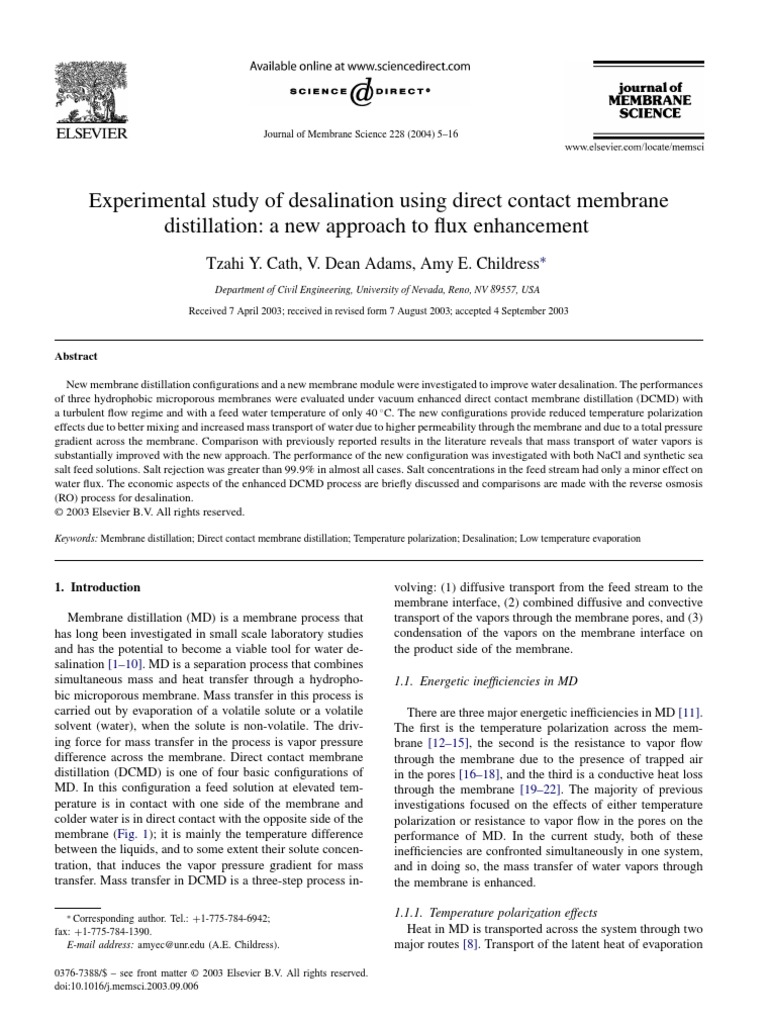 Experimental Study of Desalination Using Direct Contact Membrane | PDF ...