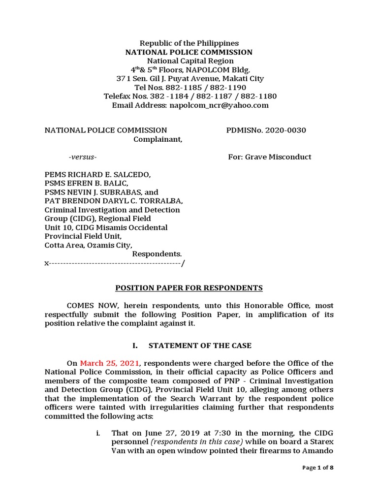 Position Paper for CIDG Respondents | PDF | Affidavit | Complaint