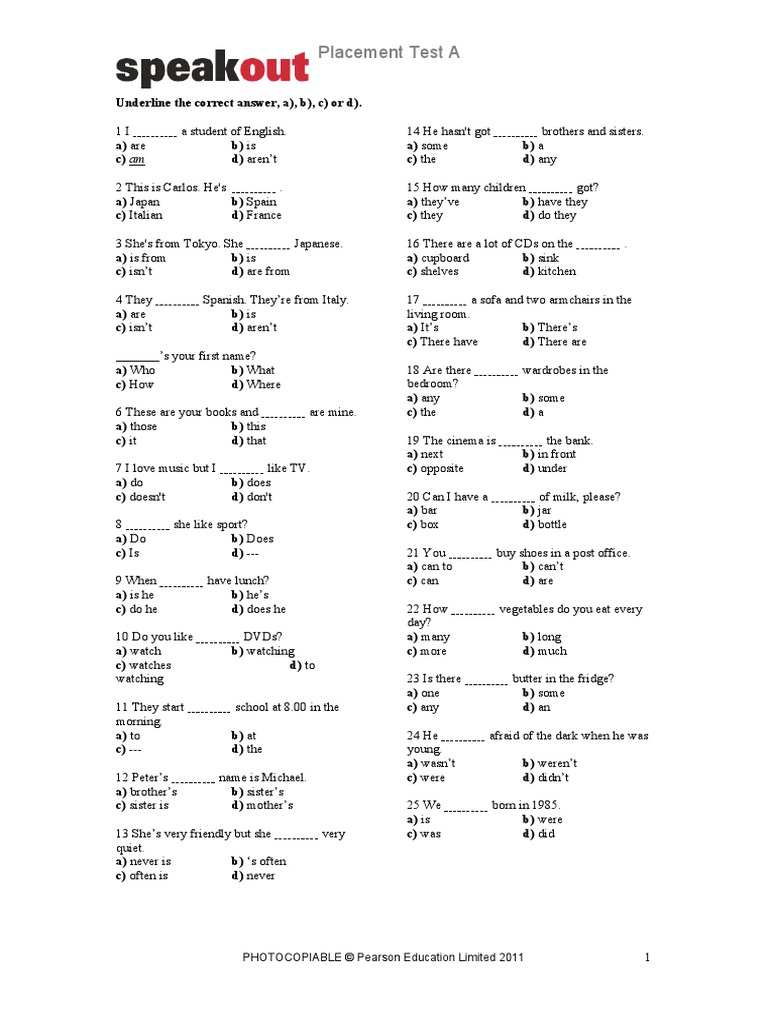 Speakout Placement Test A | PDF