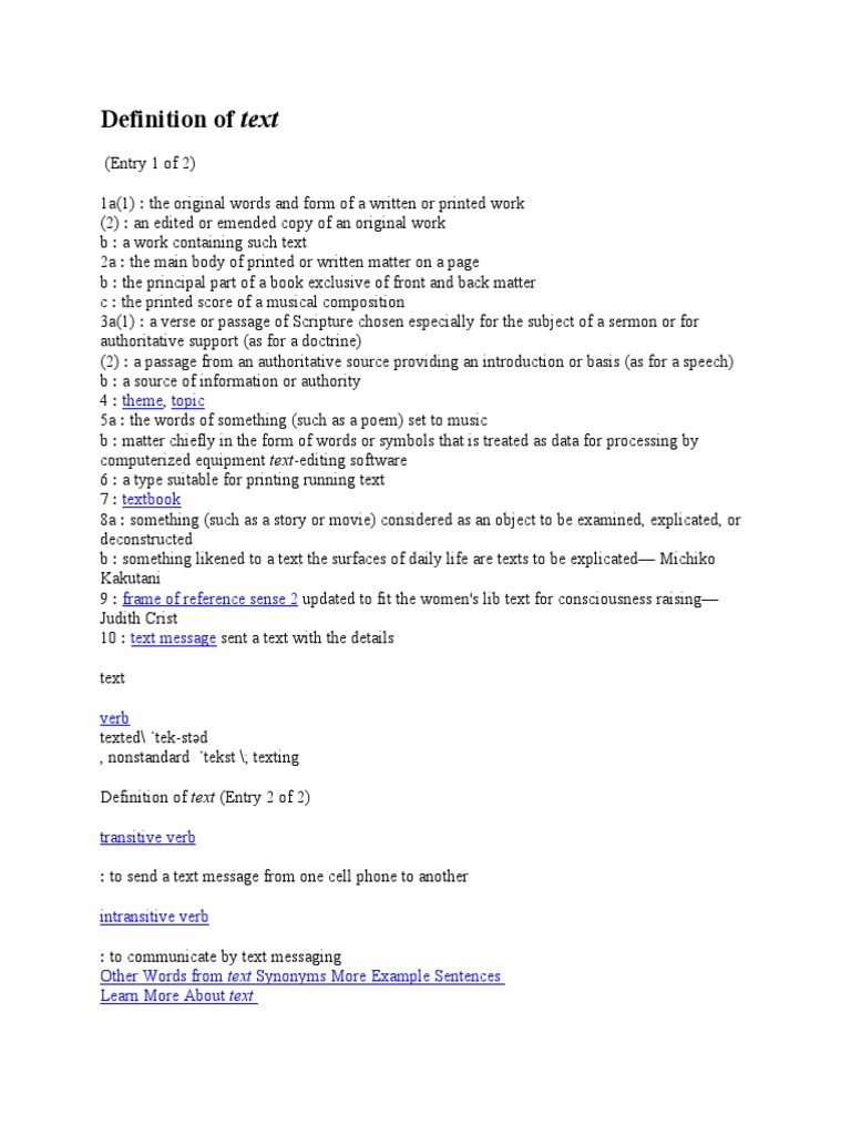 Definition of Text Theme Topic PDF Text Messaging Verb