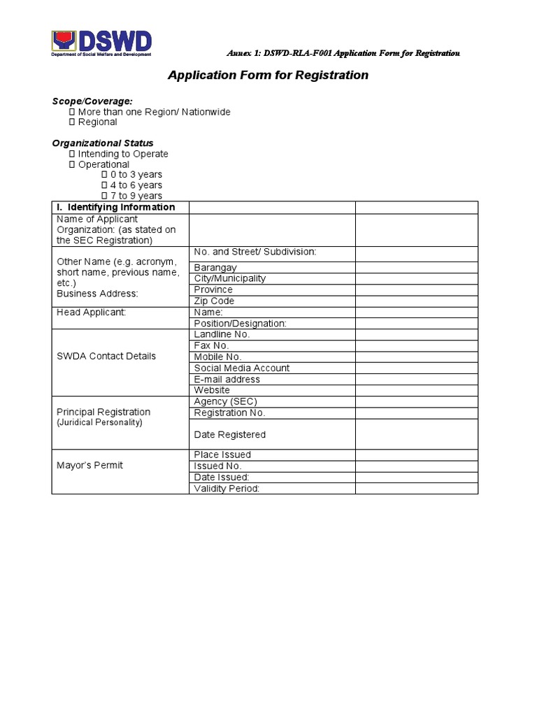 DSWD Application Form for Registration | PDF | Identity Document