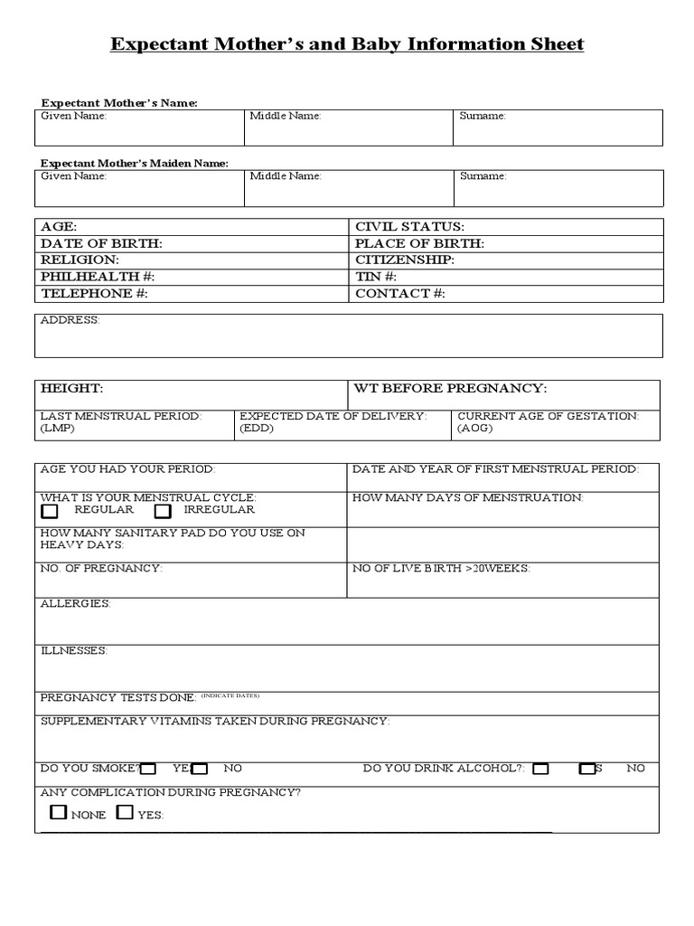 Expectant Mother & Baby Info Sheet | PDF | Pregnancy | Menstruation