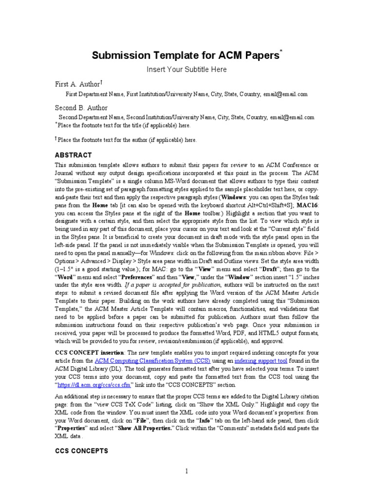 Submission Template For ACM Papers: Insert Your Subtitle Here First A
