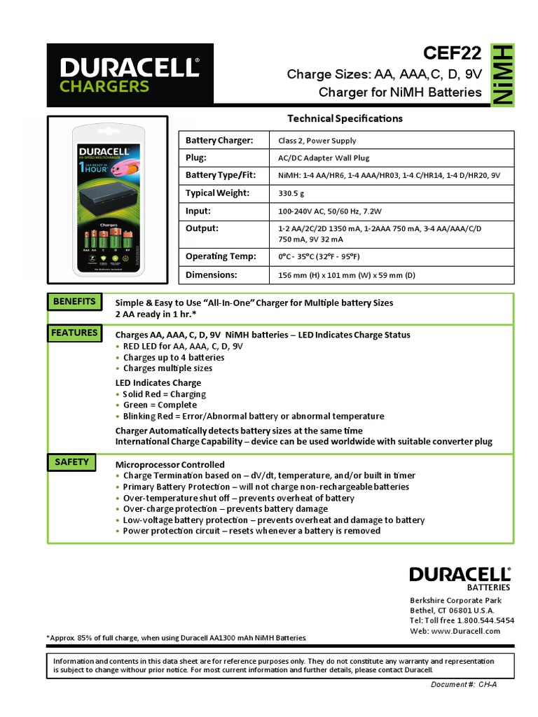 Duracell Chargeur Cef22 1hour 826 PDF Battery Charger Power Supply