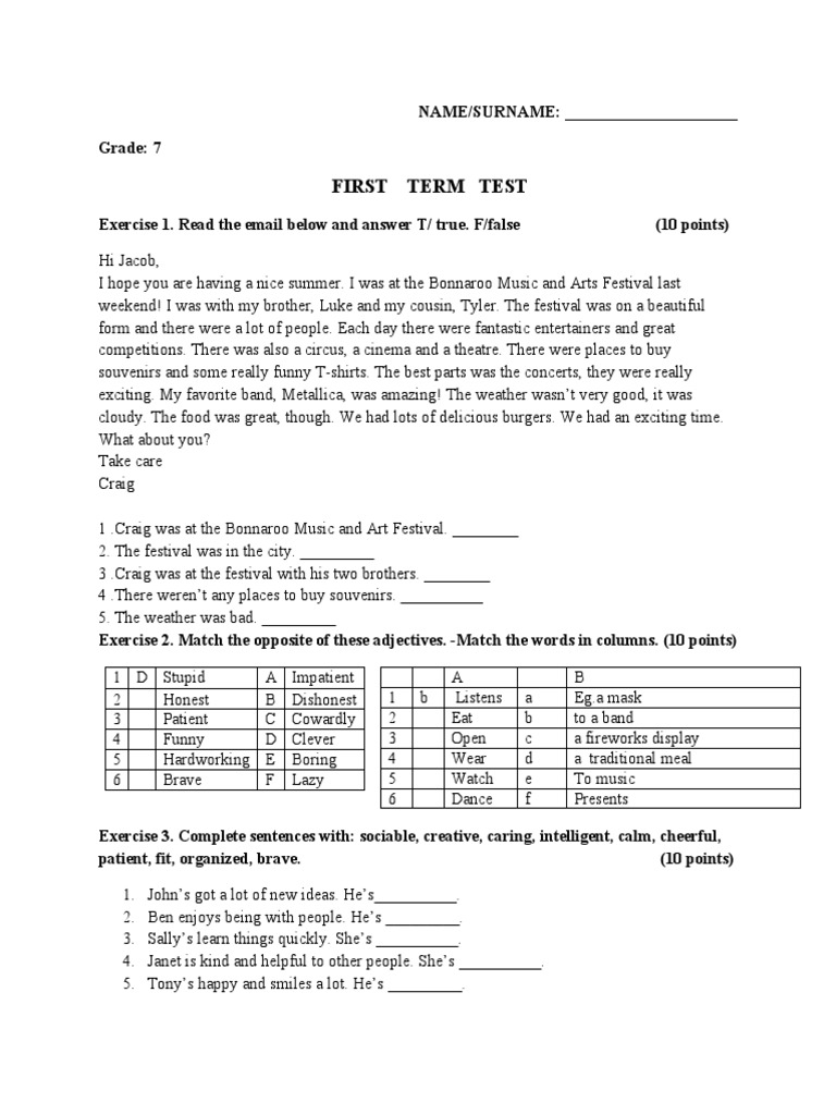 Seventh Grade Term Test: Exercises in Grammar, Vocabulary, and ...