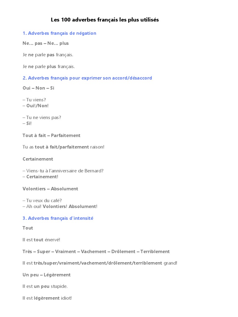 100 adverbes français essentiels | PDF | Arts du langage et discipline