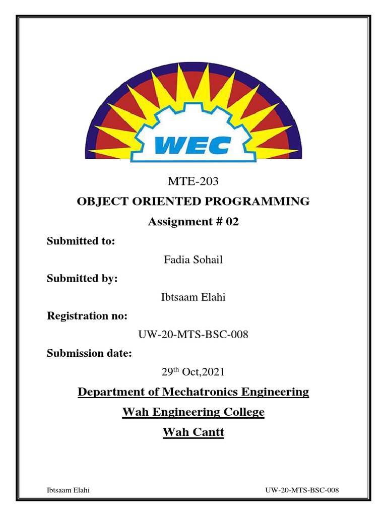 Object Oriented Programming Assignment # 02: Submitted To | PDF ...