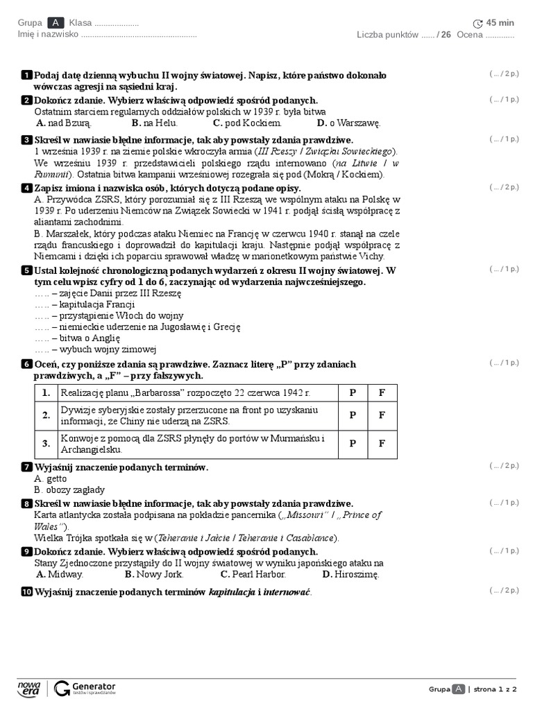 1 Wojna światowa Sprawdzian Klasa 7 Pdf Nowa Era