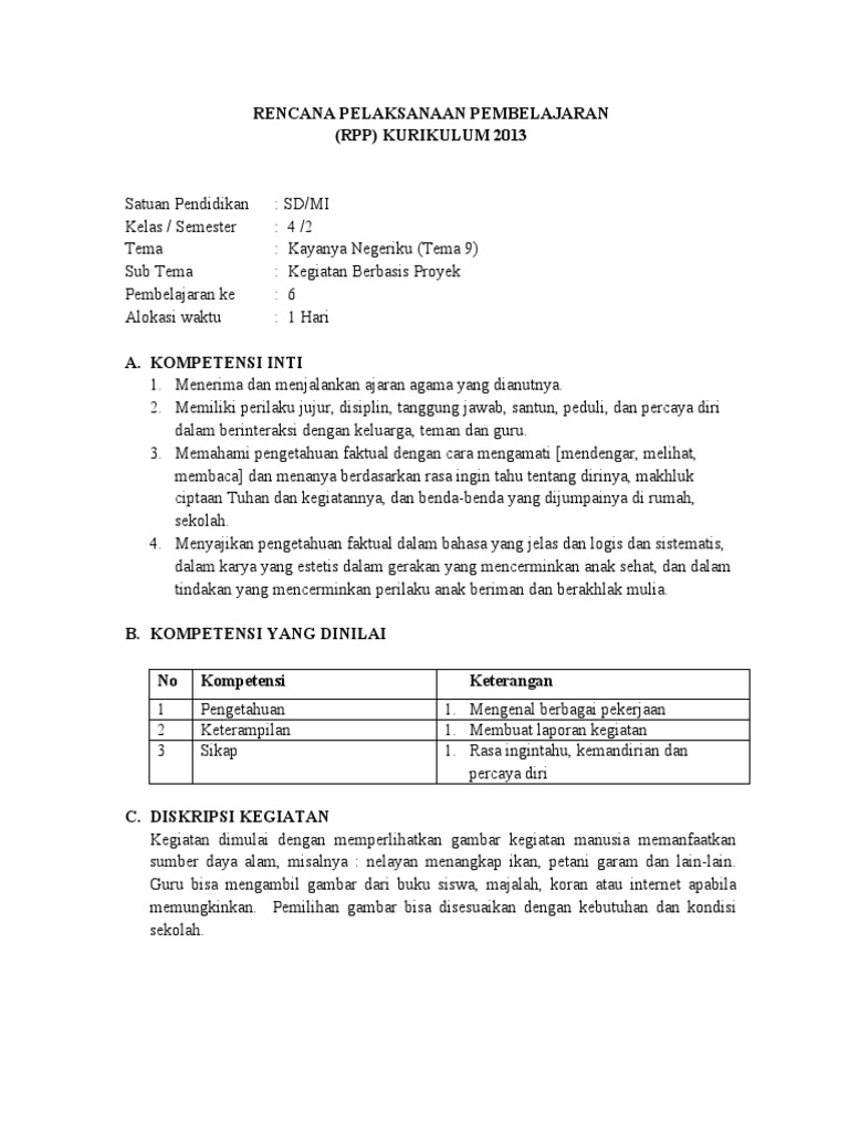 RPP Tema 9 Sub 4 Kegiatan Berbasis Proyek 6 | PDF