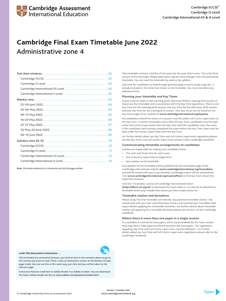 Cambridge Final Exam Timetable June 2022 Administrative Zone 4 PDF
