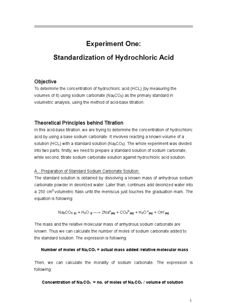 Standardization of Hydrochloric Acid Sodium Carbonate Titration