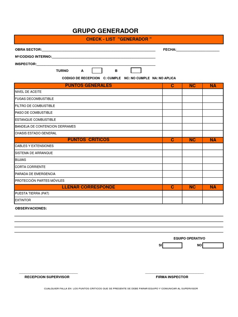 Check List Generador Eléctrico | PDF | Tecnología