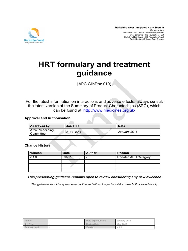 HRT Formulary and Guidance for Evorel | PDF | Hormone Replacement ...