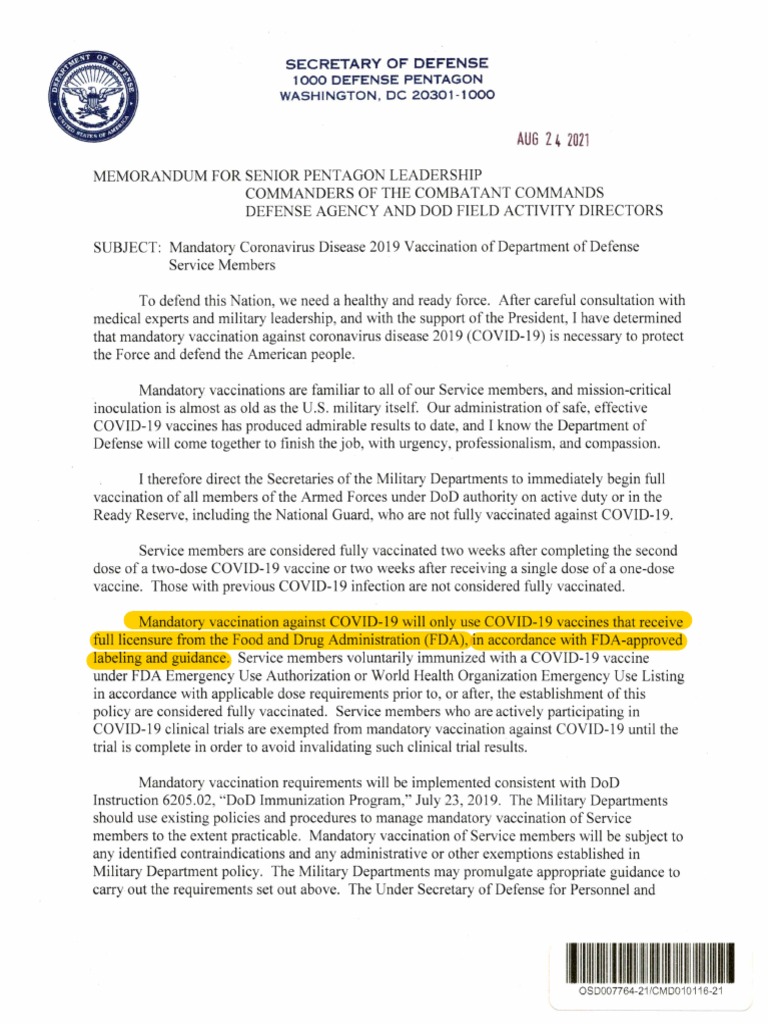 Secdef Covid Vaccine Order | PDF