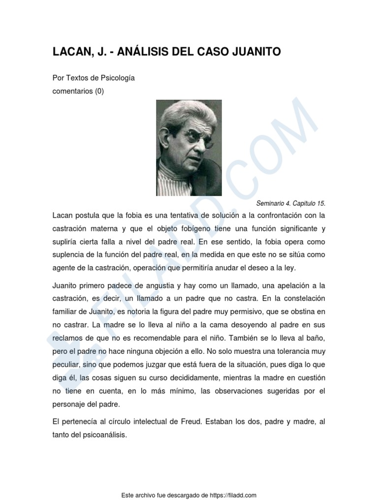 Análisis del Caso Juanito de Lacan | PDF | Jacques Lacan | Complejo de ...