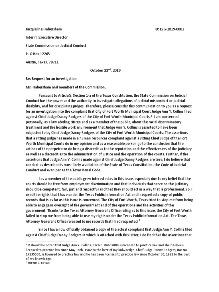 Complaint Against Chief Judge Danny Rodgers of Fort Worth Municipal