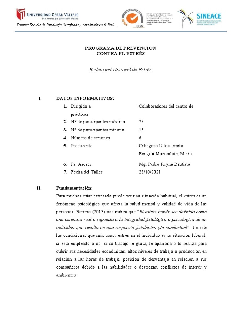Taller de Prevención del Estrés Laboral | PDF | Las emociones | Estrés ...
