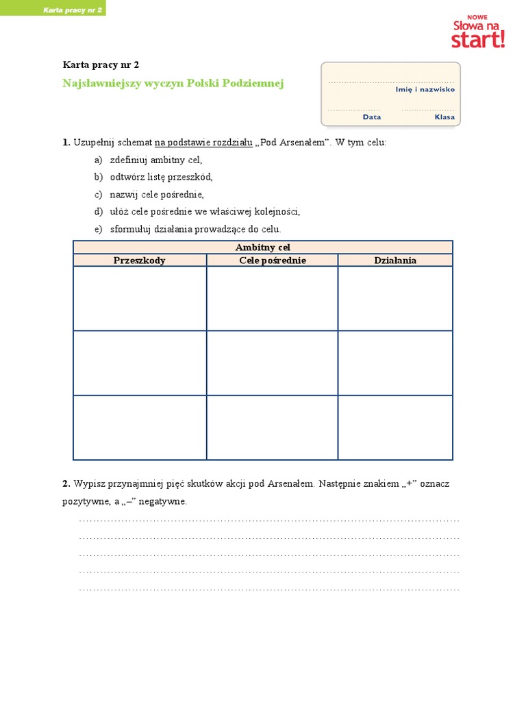 Kamienie Na Szaniec Sprawdzian Po Omówieniu Lektury Kamienie Na Szaniec Lektura Obowiazkowa Karta Pracy 2 | PDF