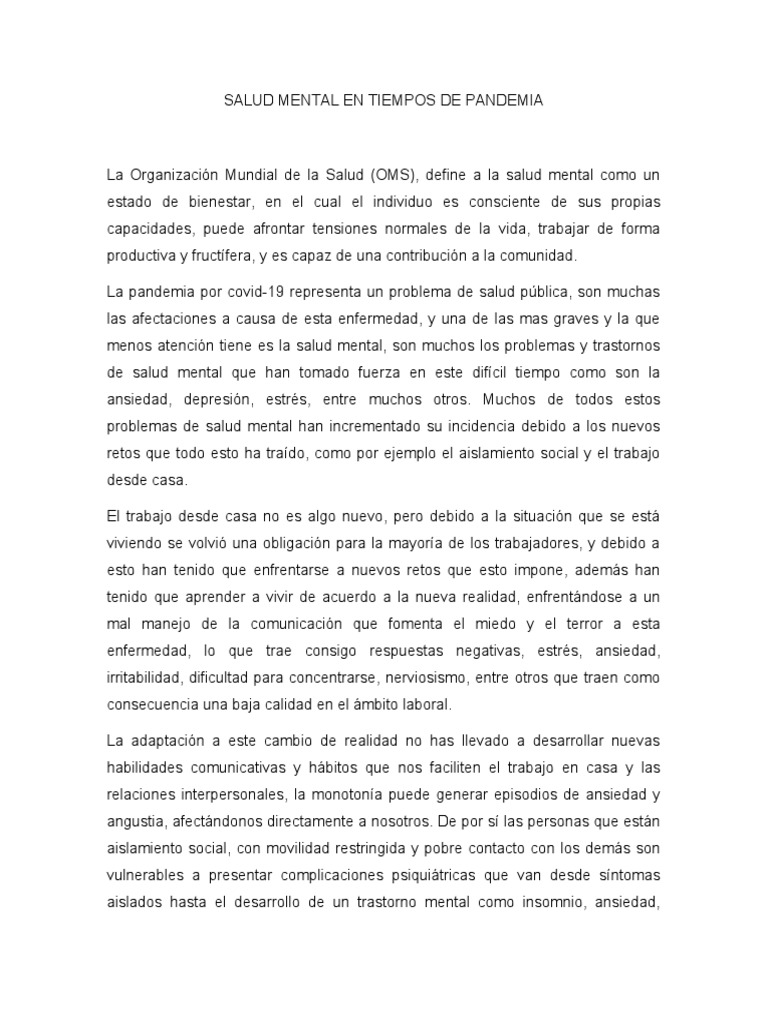 Ensayo Salud Mental en Tiempos de Pandemia | PDF | Salud mental ...