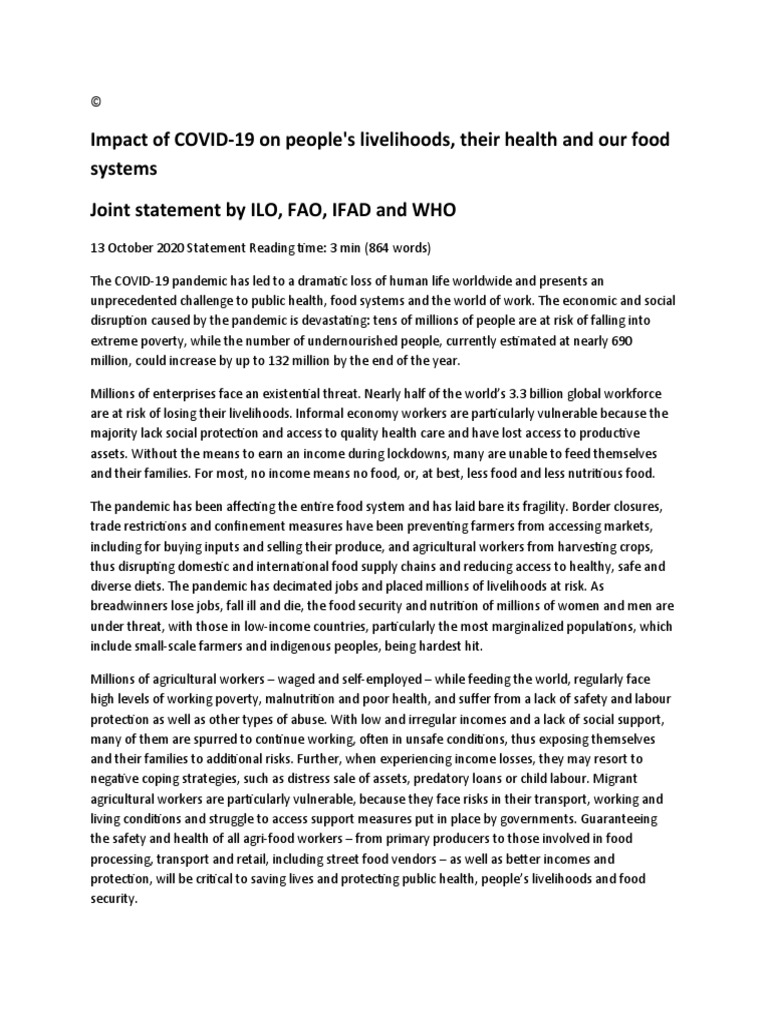 Impact of COVID 19 On Peoples Livelihood | PDF | Food Security | Foods