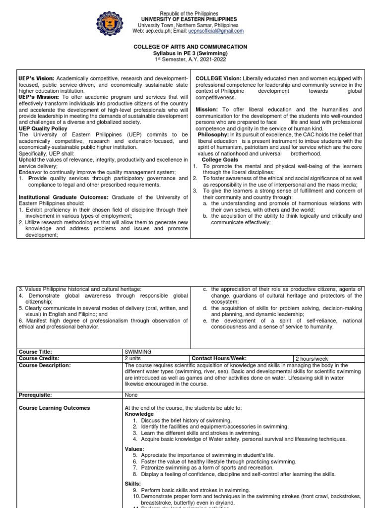 SYLLABUS IN PE 3 SWIMMING Online PDF Swimming Swimming (Sport)