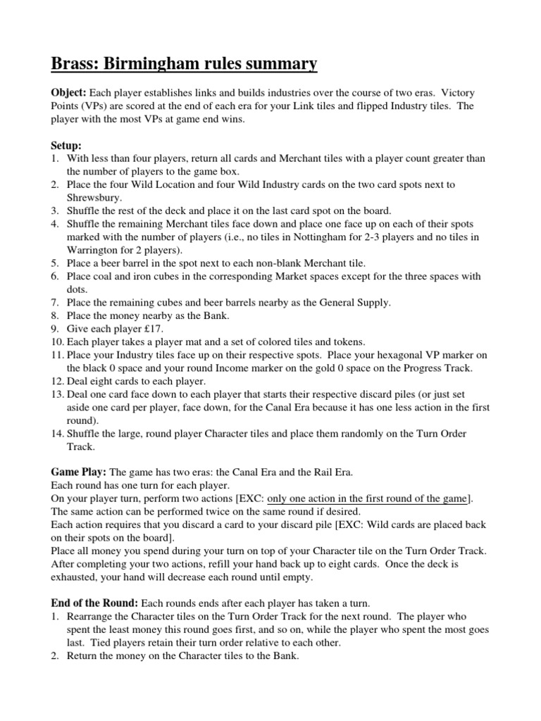 Brass Birmingham Rules Summary PDF