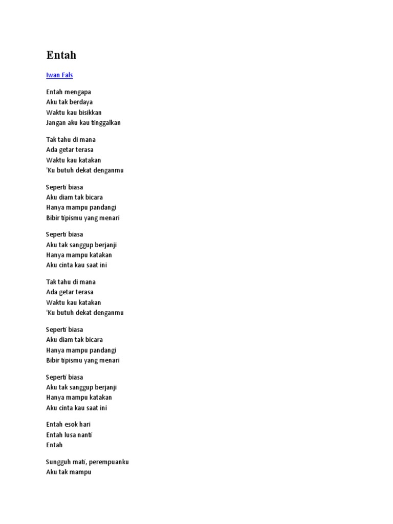 Lirik Lagu Entah (Iwan Fals) | PDF