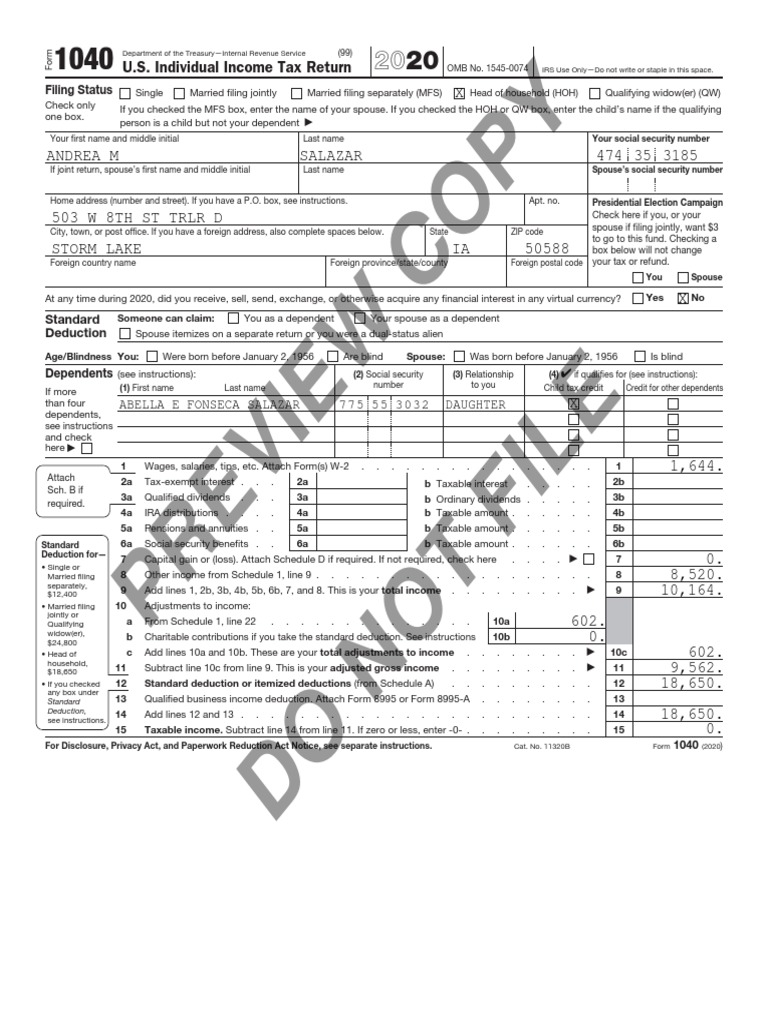 Form 1040 U.S. Individual Tax Return for Andrea M. Salazar