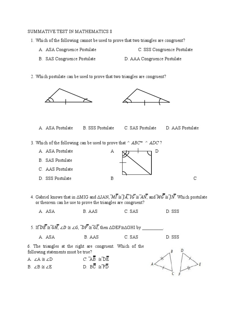 Geometry Congruence Test for Grade 8 | PDF | Elementary Geometry ...