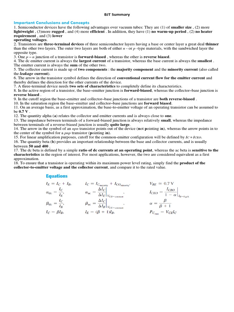 Important Conclusions and Concepts BJT Summary PDF Bipolar