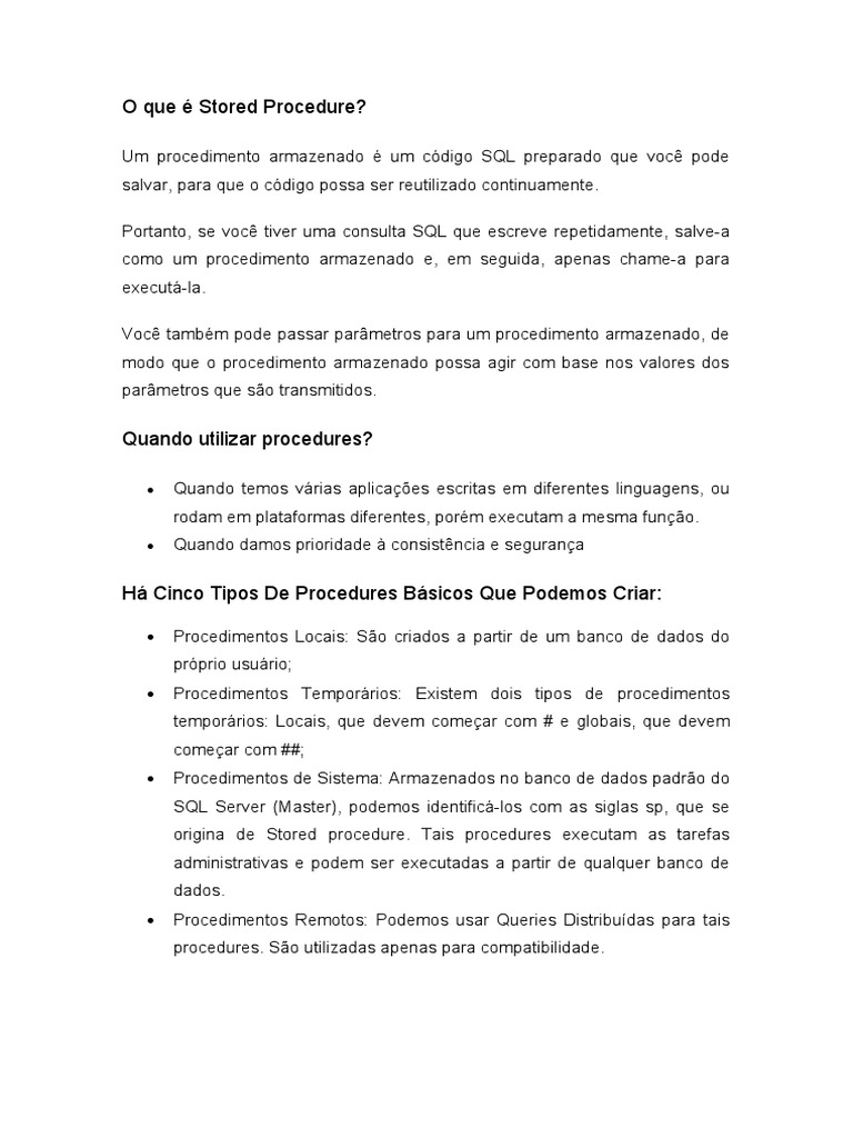 Stored Procedure em SQL | PDF | SQL | Bancos de dados