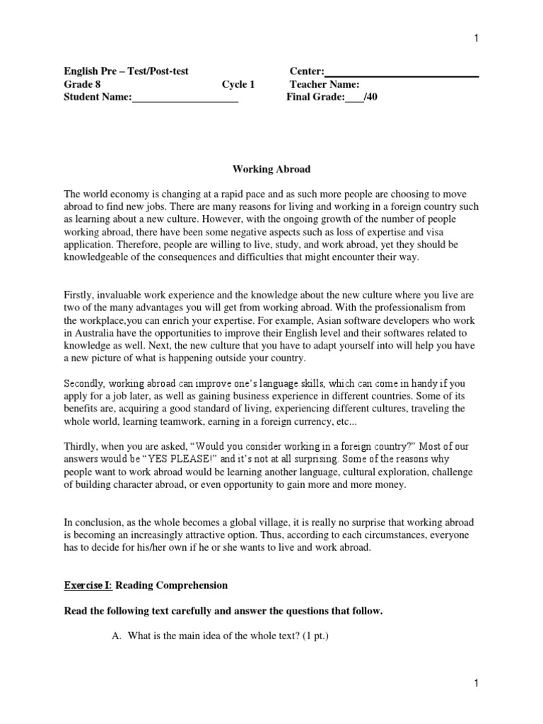 English Post Test Gr. 8 | PDF | Verb | Linguistics