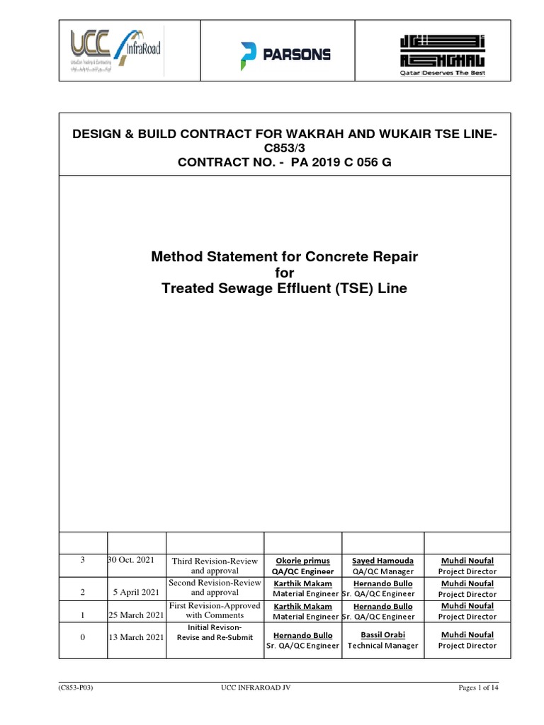 Method Statement for Concrete Repair Works for Treated Sewage Effluent