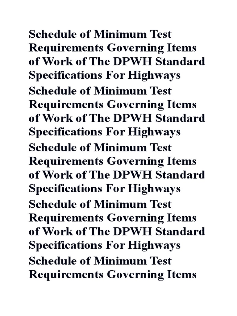 Schedule of Minimum Test Requirements Governing Items of Work of The