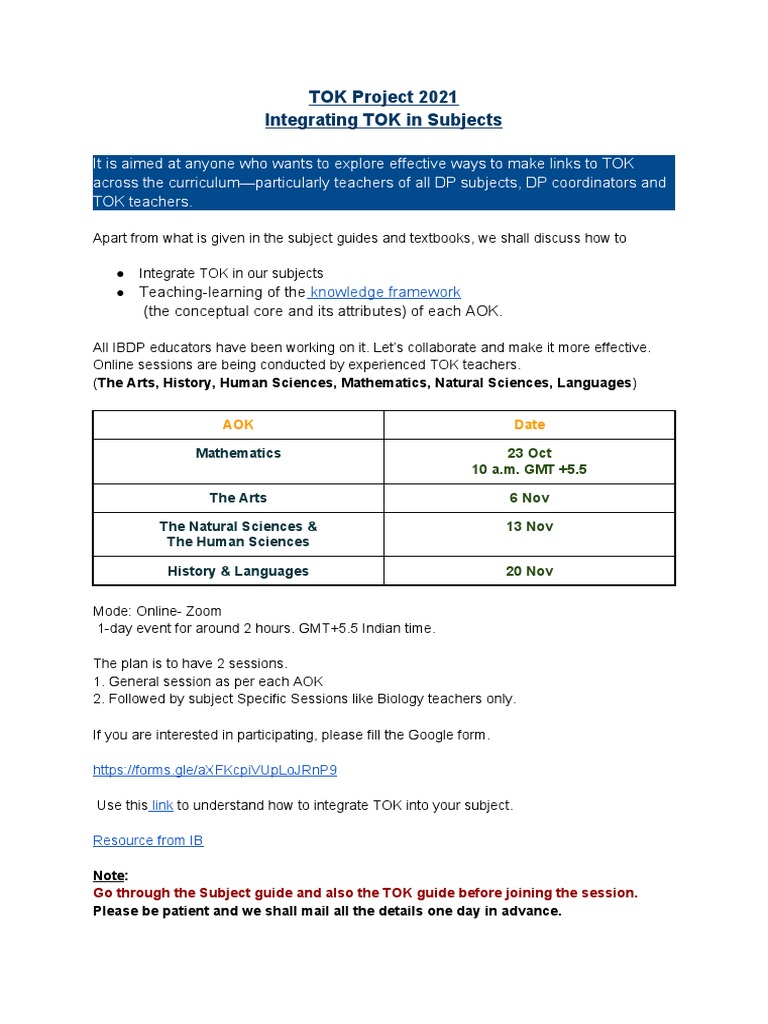 Integrating TOK Across Subjects 2021 | PDF