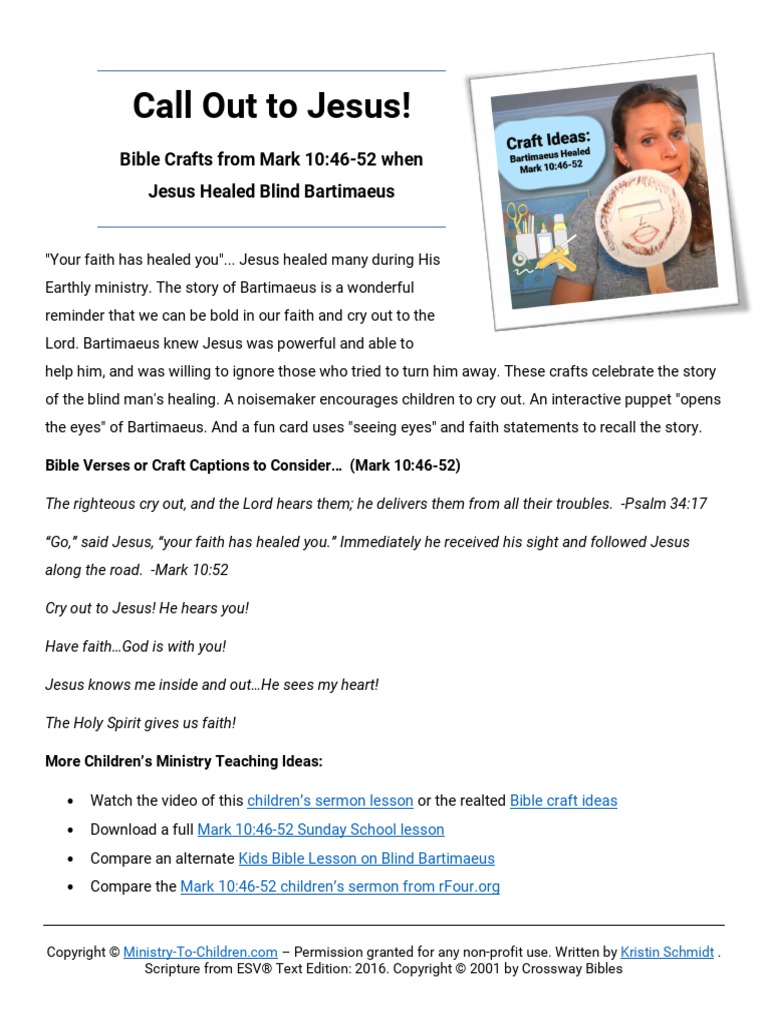 Bible Craft Ideas Blind Bartimaeus Healed Mark 10-46-52 | PDF | English Standard Version | Jesus for Free Printable Blind Bartimaeus Activity Sheet