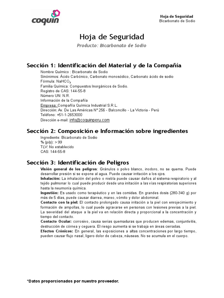 Hoja de Seguridad Bicarbonato Sodio PDF Agua Residuos